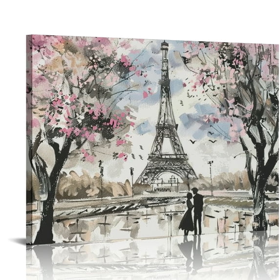 JEUXUS Visual Art Deco Pink Abstract Paris Canvas Painting Printed Wall Art Romantic Couple Cherry Blossom Canvas Painting Posters And Prints Wall Art Pictures for Living Room Bedroom Decor