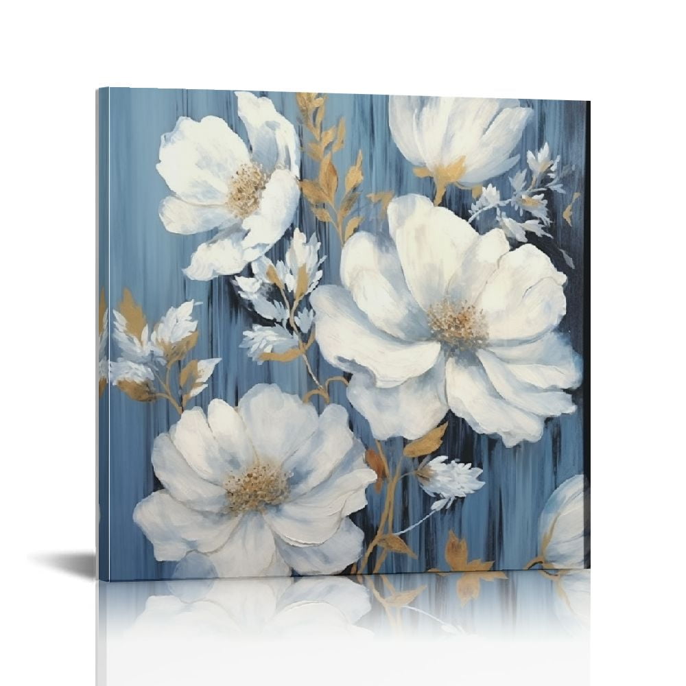 JEUXUS Wall Art Canvas Blue Flower: Living Room Abstract White Lily ...