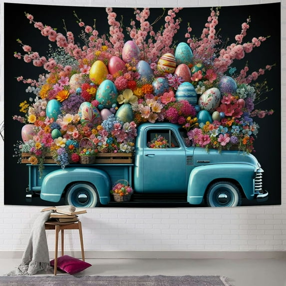 JEUXUS Wall Art Easter Egg Truck, Spring Floral Pink Cherry Aesthetic Tapestry (Multiple SKUs) Painting