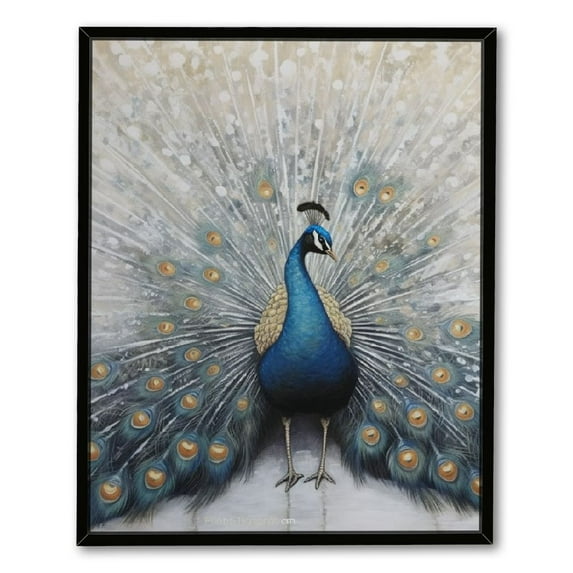 JEUXUS Wall Art Living Room Décor - Gold Foil Embelished Framed Canvas Home Accent Modern Dining Bathroom Decoration, Ready to Hang Painting for Bedroom Gilded Peacock