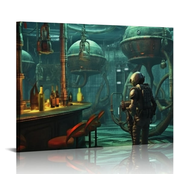 JEUXUS Wall Art for Underwater BAR Octopus Steampunk New Giant Canvas Wall Art Kitchen Wall Decoration Picture Canvas Prints Framed Ready to Hang Contemporary Canvas Artwork for Wall Decor