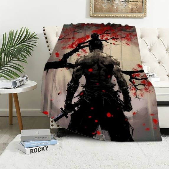 JEUXUS Warm Fuzzy Flannel Blanket, 70" x 80" Ink Painting Japanese Samurai Blanket Ultra Soft Fluffy Durable, Sherpa Blanket for Calming and Relax Bedding Blanket for Adults Kids