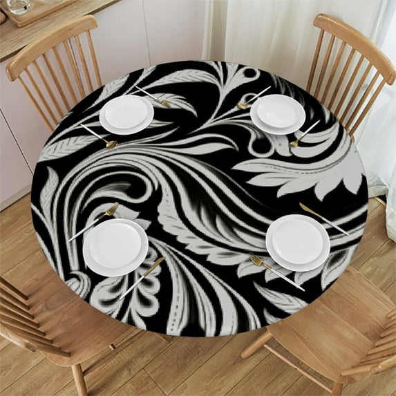 JEUXUS Water Resistant Round Table Cover Mandala Vintage Floral Pattern Tablecloth for Outdoor Dining Party Holiday Fits Table Abstract White and Black
