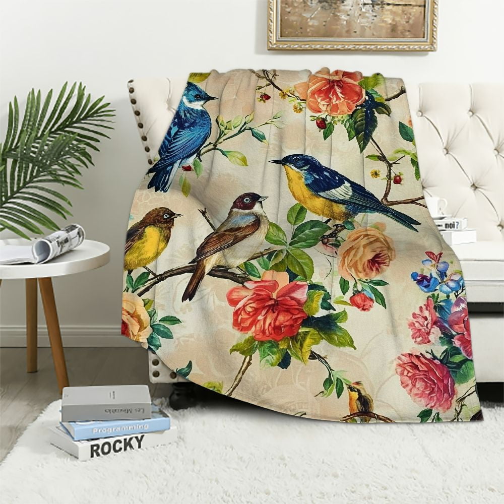 JEUXUS Watercolor Birds Throw Blanket Gifts for Girls, Vintage Beige