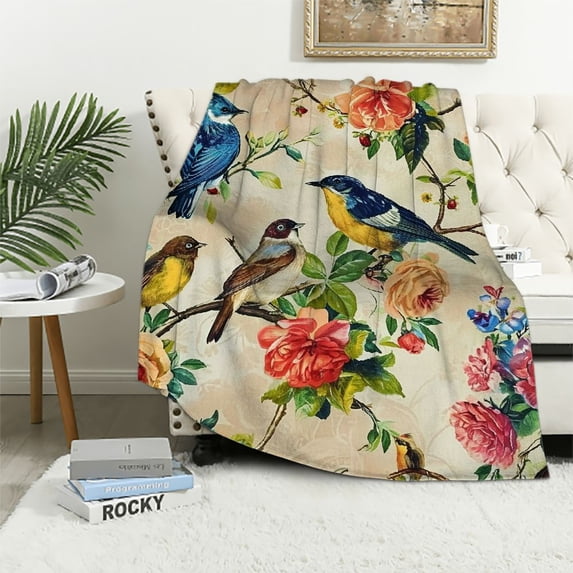 JEUXUS Watercolor Birds Throw Blanket Gifts for Girls, Vintage Beige Cardinals Hummingbirds Soft Cozy Plush Flannel Blanket for Kids Bedroom, Birds Fluffy Blanket for Women Couch Bed Sofa