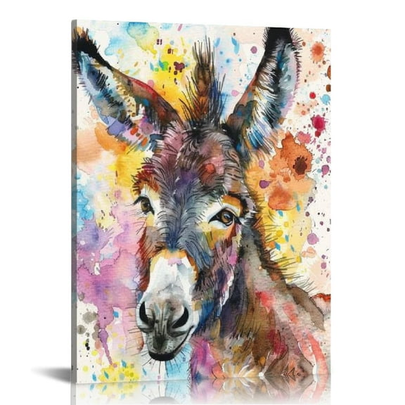 JEUXUS Watercolor Donkey Wall Art Décor for Farmhouse, Animals Portrait Splatter and Splotches Modern Colorful Canvas Prints Paintings for Bathroom Living room Kids Room Home Decoration