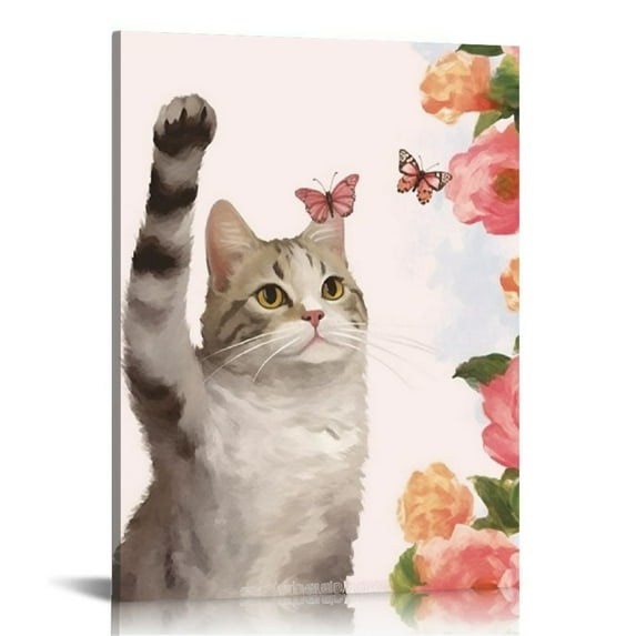 JEUXUS Watercolor Lovely Cat Art Print- Flower Pet Cat Canvas Wall Art-Modren Animal Themd for Bedroom Pet Shop Decoration