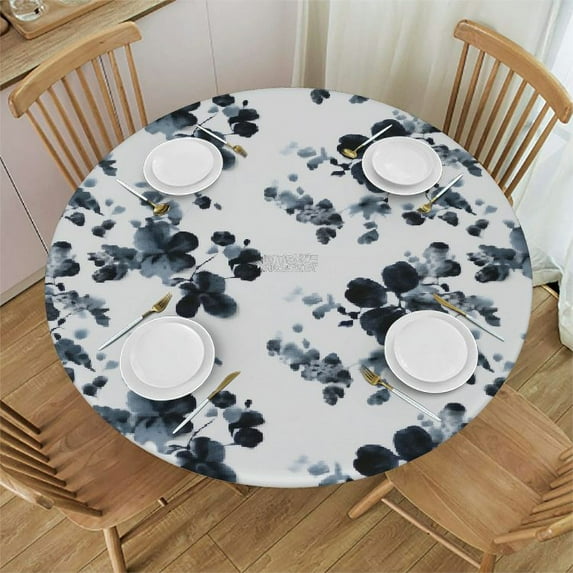 JEUXUS Watercolor Navy Blue Floral Table cover Round French Elegant Decorative Blue and White Vintage Table Cover for Holiday Parties Wedding Picnic Kitchen Decor