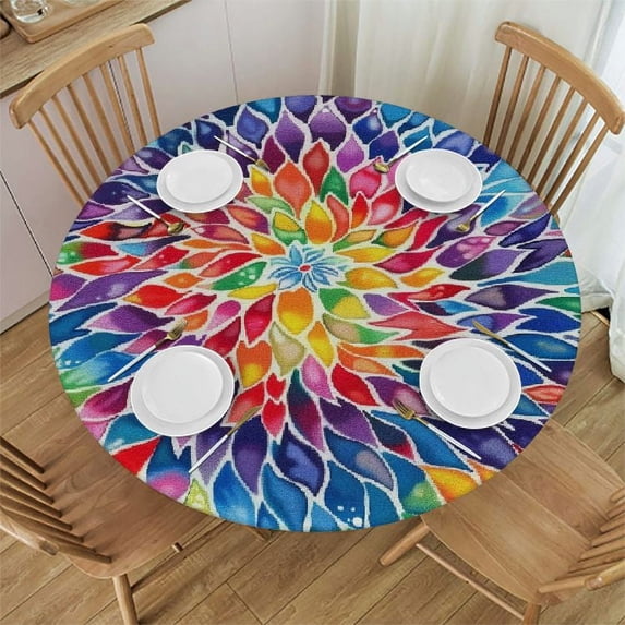 JEUXUS Watercolor Rainbow Floral Table Cloth - Flowers Tablecloth Colorful Flower Table Cover Round Plant Blossom Circle Table Clothes for Picnic Party Dining Room White