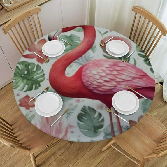 JEUXUS Watercolor Tropical Waterproof Table Cloth Round Cover, Outdoor Fitted Round Table cover with Elastic, Leaves Flamingos Oilcloth Table Covers for Party Dining