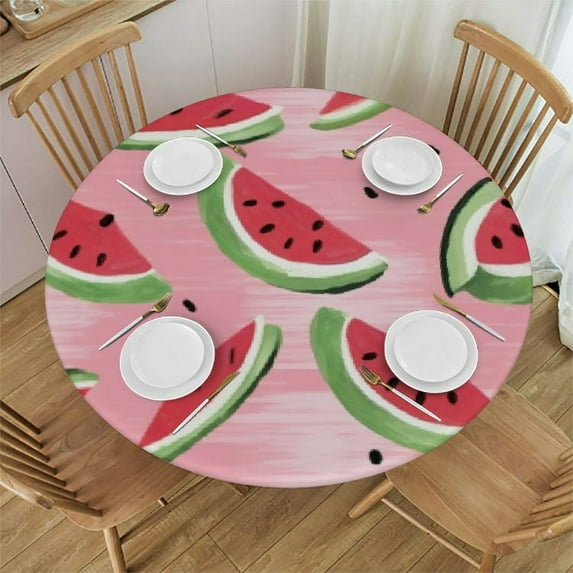 JEUXUS Watermelon Pink Stripes Round Tablecloth Fitted Table Cover Elastic Edged Table cover