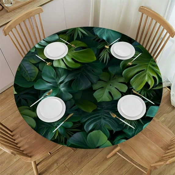JEUXUS Waterproof Palm Leaves Round Tablecloth White