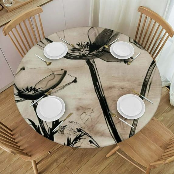 JEUXUS Waterproof Resistant Fabric Brown Rustic Floral Elegant Tulip Botanic Pictures Round Tablecloth White