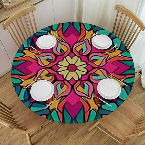 JEUXUS Waterproof Table Cloth Cover Outdoor Fractal Art Pattern Design Round Table Elastic Edge Fabric Cover Suitable for Indoor Datura Fits up Diameter Tables Sky Blue
