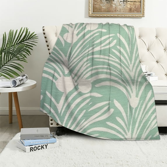 JEUXUS  Wave Leaves Ropical Colored Bstract Flower White Green Flannel Blanket Home Sleeping Blanket Decor Sofa Blanket