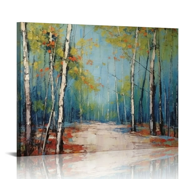 JEUXUS White Birch Tree Canvas Wall Art Blue Forest Painting Landscape Picture, Teal Nature Artwork Modern Large Framed for Living Room Bedroom Bathroom Dinning Room Home Office Wall Decor