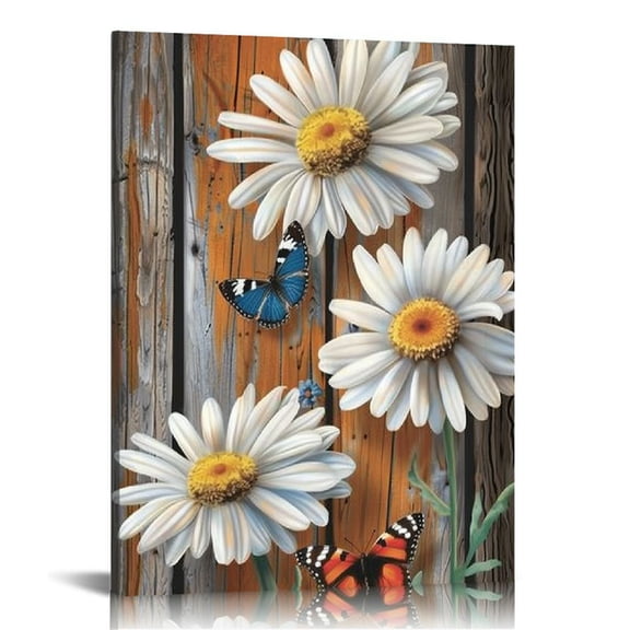 JEUXUS White Floral Wall Art for Farmhouse Bathroom Daisy Flower and Butterfly on Rustic Wood Background Picture on Canvas Vintage Home Decor Framed (A)