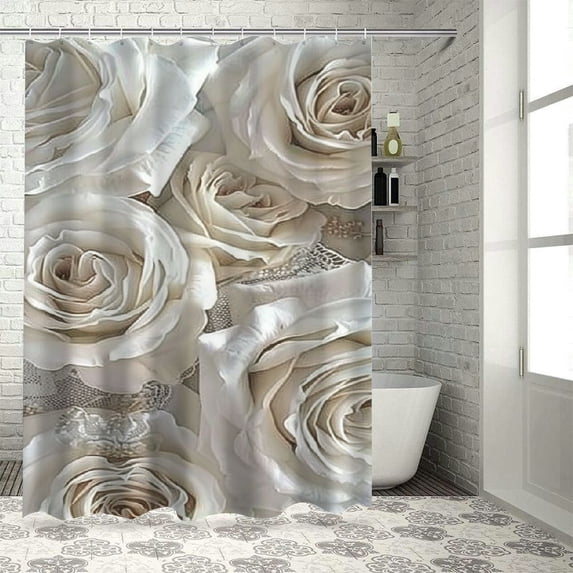 JEUXUS White Rose Peony Flower Modern Flower Picture Large White Floral Shower Curtain for Bathroom White