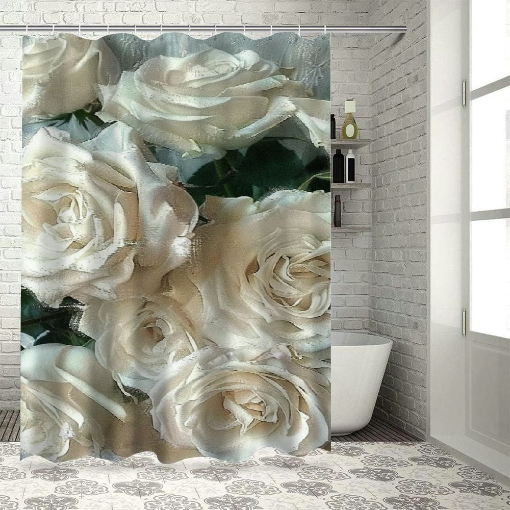 JEUXUS White Rose Peony Flower Painting Modern Flower Waterproof Bathroom Shower Curtain Set ...