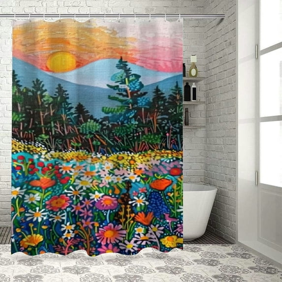 JEUXUS Wildflower Colorful Floral Watercolor Floral Artwork Shower Curtain - Durable and Washable White