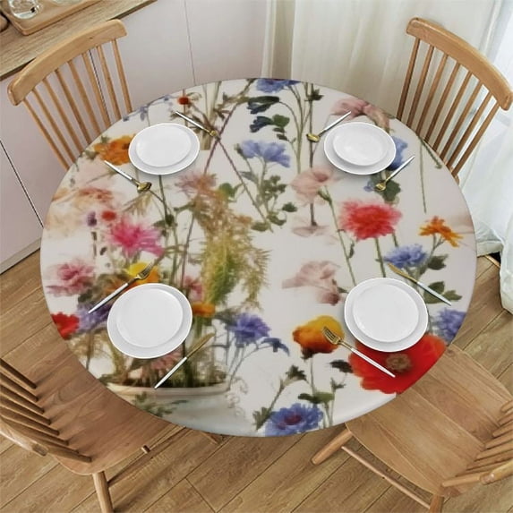 JEUXUS  Wildflowers Round Table cover,Watercolor Poppy Cornflower Table Cloth Waterproof Stain and Resistant Circle Table Cover for Kitchen Dining Picnic Camping Indoor Outdoor Decor