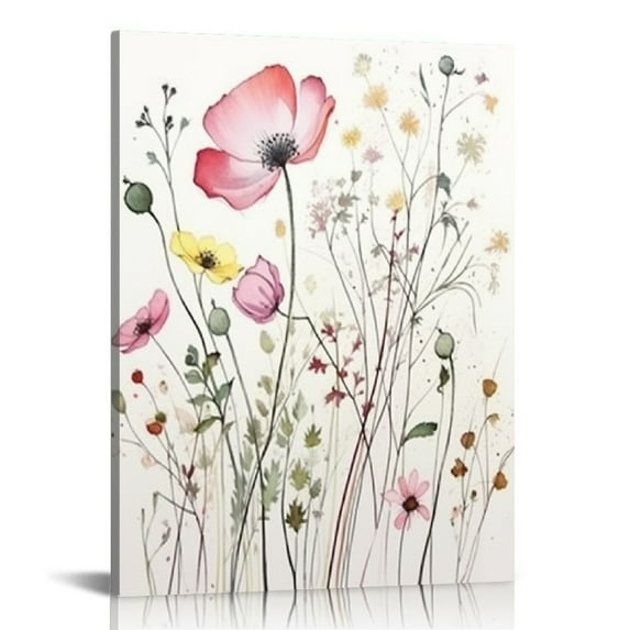 JEUXUS Wildflowers Wall Art, Framed Canvas Wall Art Pictures, Wood Framed Abstract Prints for Bedroom,Minimalist wall Decor Bathroom