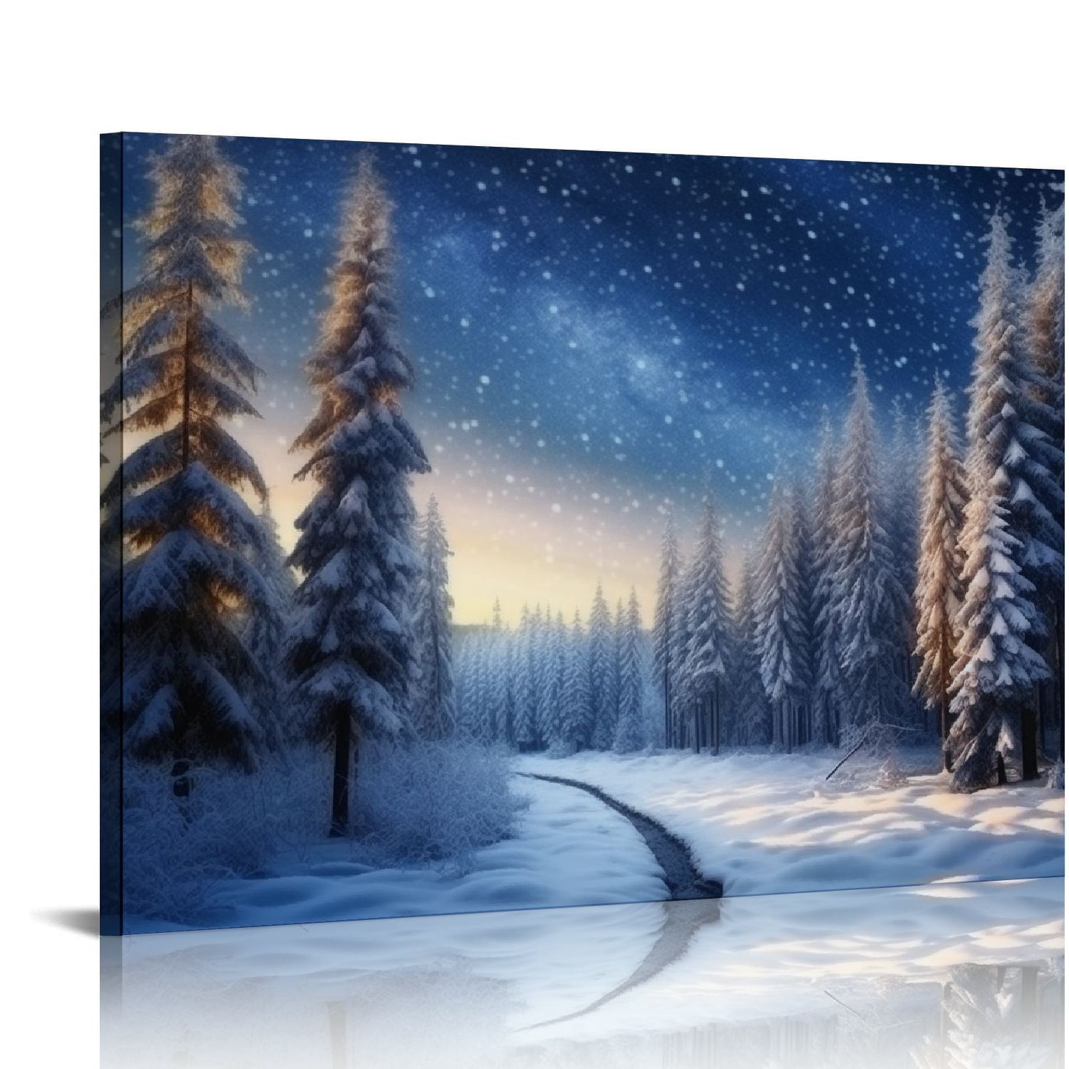 Winter Sunset with Trees -- fashion Vintage Fine Art Painting -- Framed Digitally Printed Canvas Art