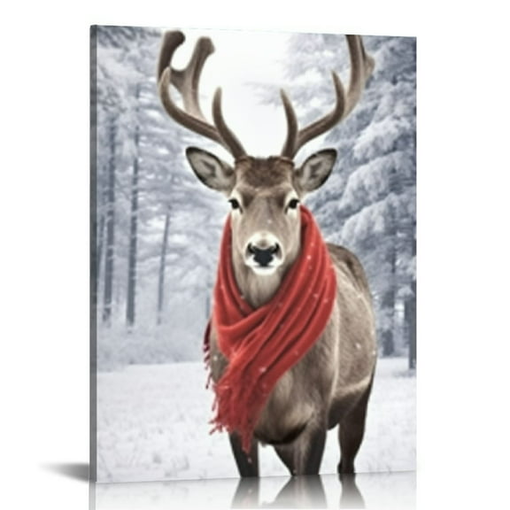 JEUXUS  Winter Wonderland Painting Canvas Prints Winter Theme Wall Art Reindeer Print in Snow Pictures Snowy Forest for Living Room Bedroom Christmas Decor with Inner Frame 16x20in