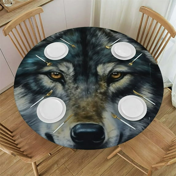 JEUXUS  Wolf Head Round Tablecloth with Elastic Round Fitted Table Cover for Round Tables Decorative Table Cloth for Harvest Decorations Party,