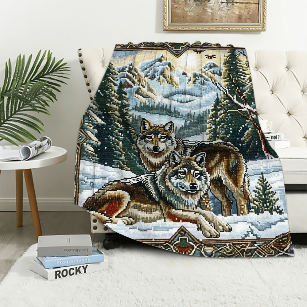 JEUXUS Wolf Lodge Blanket Wildlife Cabin Gift Throw Woven from Cotton