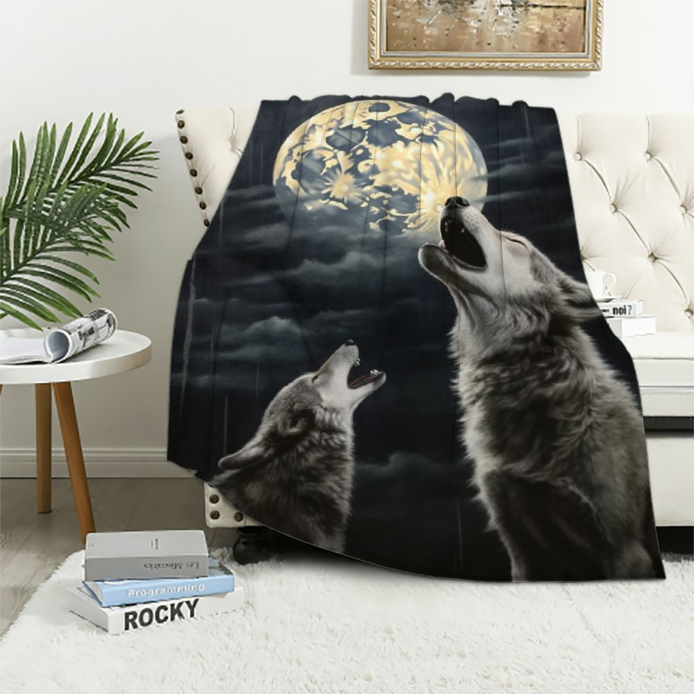 JEUXUS Wolf Sherpa Blanket,Howling Wolf Throw Blanket,Evening Clouds