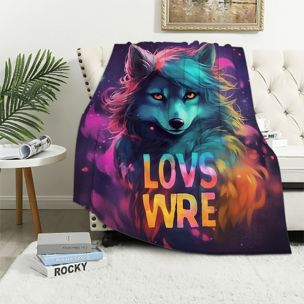 JEUXUS Wolves Blanket, Cute Wolf Blanket, Wolf Gifts for Girls, Kawaii Wolf Rainbow Starry