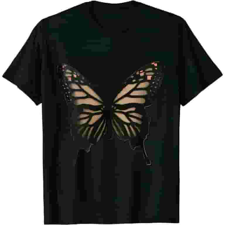 【U LAN】Butterfly Printed Over Short Sleeve T-Shirt JEUXUS Women's Plus Size Butterfly Embroidered Cut Out Back