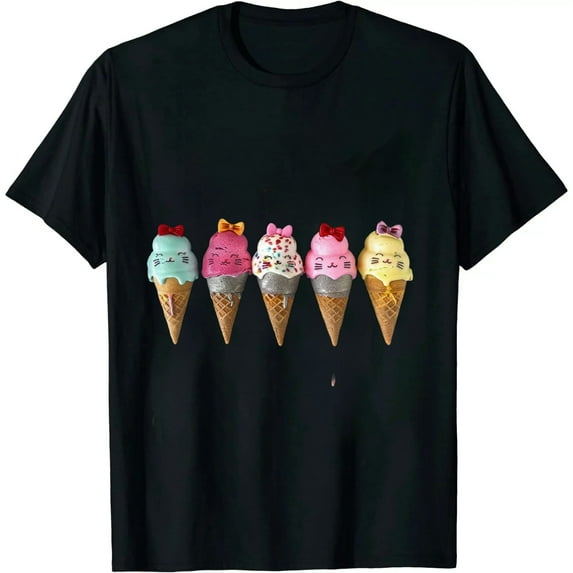 JEUXUS Women's T-Shirt Summer Fashion Casual Crew Collar Print Short Sleeve Ice Cream Pattern Top