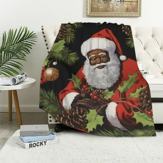 JEUXUS Xmas Holly Black Santa Claus Throw Blanket Flannel Fleece Bed Blanket Cozy Plush Blanket for Bedroom Living Rooms Sofa Couch