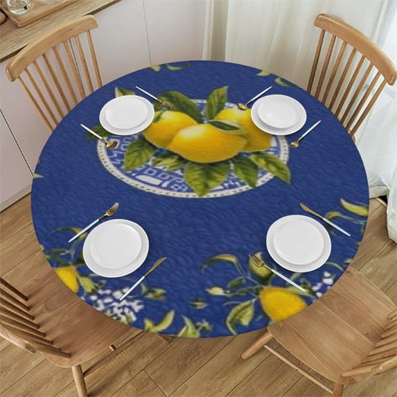 RUIYC Yellow and cloth Round Spring Table Cloth Washable Farmhouse Navy Cover for Kitchen Dinner Room Holiday Picnic Party Camping Indoor Outdoor Decor White