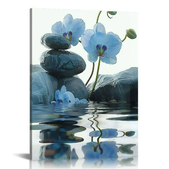 JEUXUS Zen Wall Art Spa Stone and Elegant Blue Orchid Flower on the Water Picture Canvas Prints Artwork Relax Zen Spa Meditation Room Decor