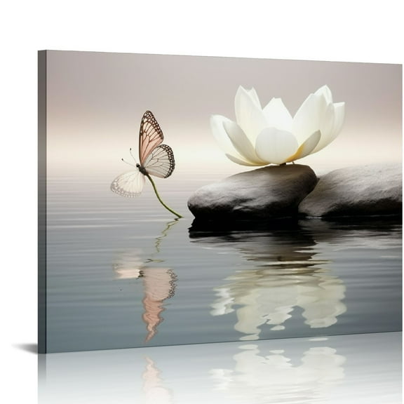 JEUXUS Zen Water Lily Canvas Wall Art, White Flower and Butterfly Stone in Water Wall Art for , Asian Spa Pictures Framed Wall Art Ready to Hang for Bedroom Bathroom Wall Decor,20x16 inches