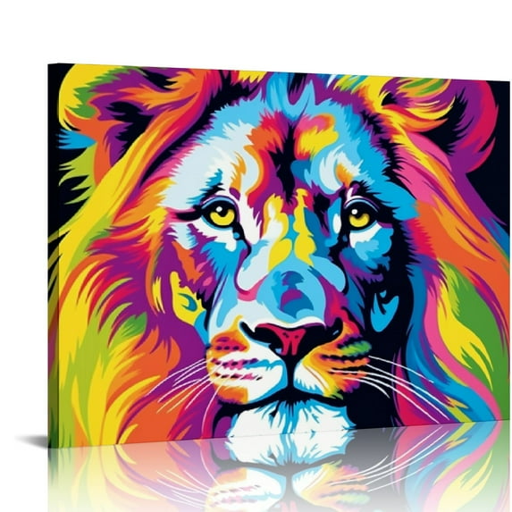 JEUXUS  abstract Colorful painting Lion Picture Canvas print Wall art Modern decor design Animal Paintings Artwork for office dorm Home Living Room Decor,  Stretched and Framed 16x12in
