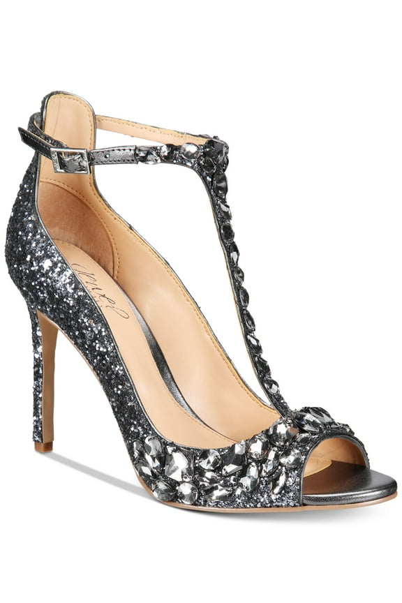 JEWEL BADGLEY MISCHKA Womens Gray Padded T-Strap Sequined Rhinestone Conroy Almond Toe Stiletto Buckle Dress Sandals Shoes 8.5