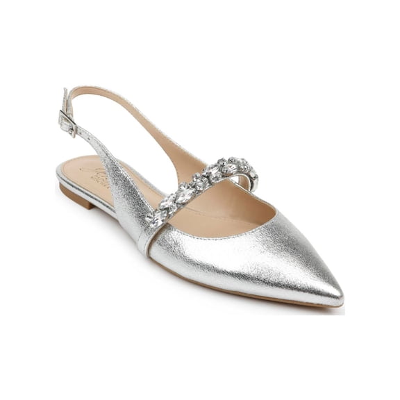 JEWEL BADGLEY MISCHKA Womens Silver 1/2 Heel Rhinestone Cushioned Bambi Pointed Toe Block Heel Buckle Flats Shoes 9.5