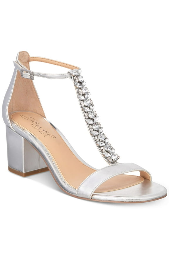 JEWEL BADGLEY MISCHKA Womens Silver Ankle Strap T-Strap Rhinestone Lindsey Round Toe Block Heel Buckle Dress Sandals Shoes 6.5 M