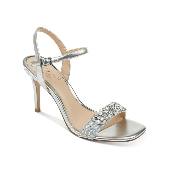 JEWEL BADGLEY MISCHKA Womens Silver Padded Rhinestone Ankle Strap Natasha Square Toe Stiletto Buckle Slingback Sandal 10