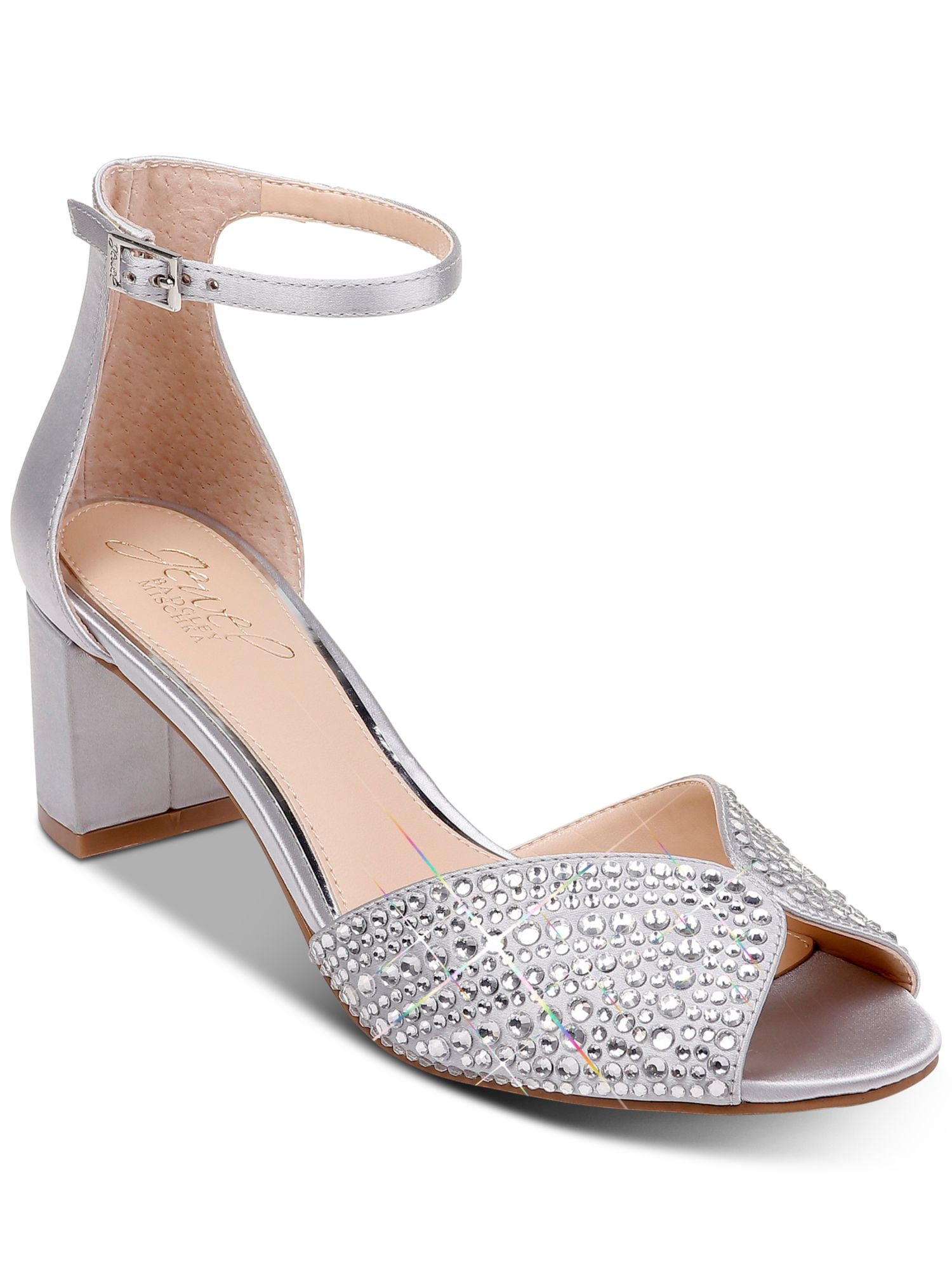 JEWEL BADGLEY MISCHKA Womens Silver Cushioned Rhinestone Giona Round Toe Block Heel Buckle Dress Sandals Shoes