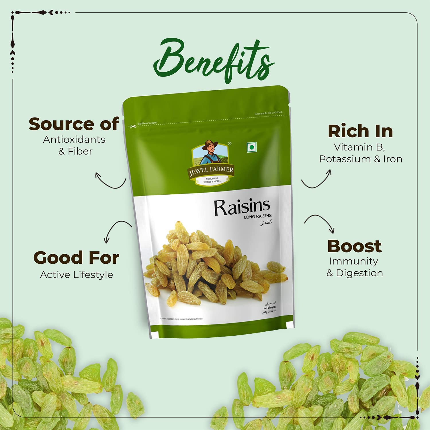 JEWEL FARMER Raisins Cholesterol Free Fibre Rich Seedless Hand Selected