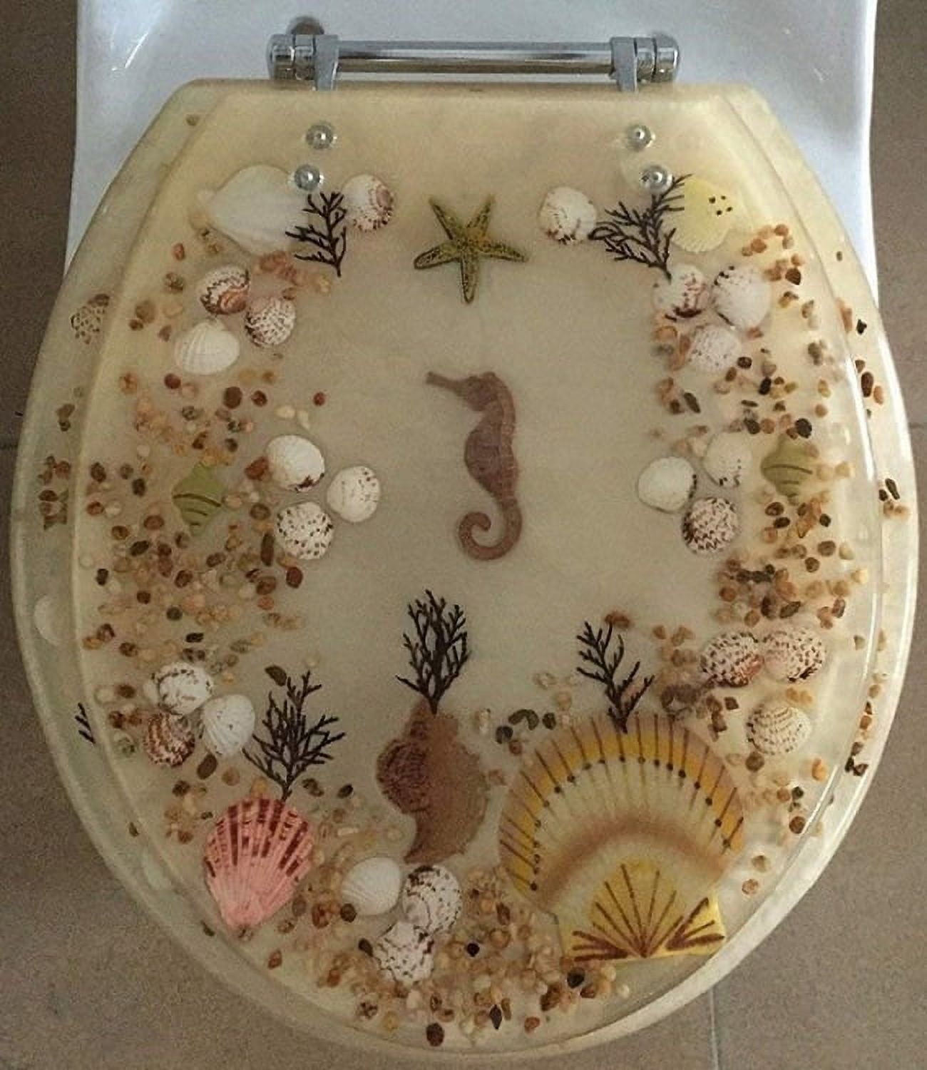 JEWEL SHELL SEASHELL AND SEAHORSE RESIN TOILET SEAT, CHROME HINGES ELONGATED, BEIGE