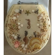 JEWEL SHELL SEASHELL AND SEAHORSE RESIN TOILET SEAT, CHROME HINGES ELONGATED, BEIGE
