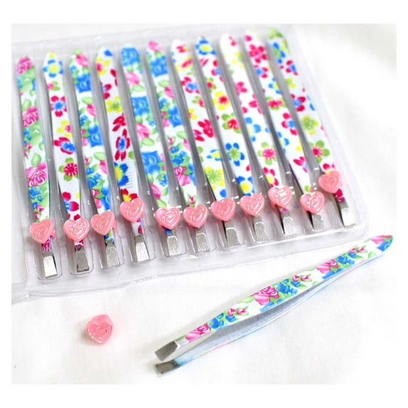 JEWEL TOOL (12 Pack) 3.5" (8.89 cm) Straight Tip Salon Tweezers | Floral Designs: Roses & Daisies | Quality Stainless Steel | Textured Grip | Ideal for Eyebrows & Facial Hair