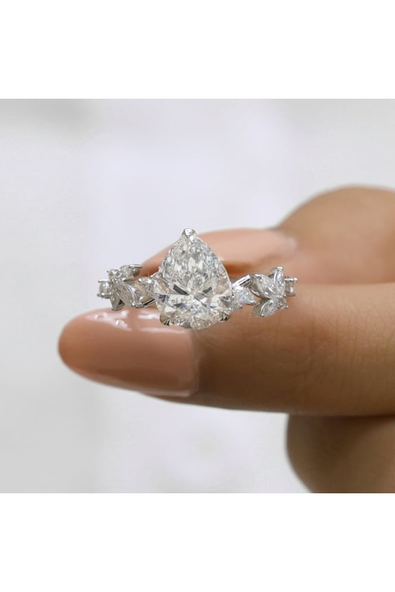 2.5 Carat Pear Cut Moissanite Engagement Ring, Leaf Shape Twig Anniversary Ring for Women