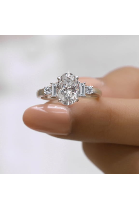 2.5 ct Oval Cut Moissanite Five Stone Ring, Art Deco Engagement Ring for Women